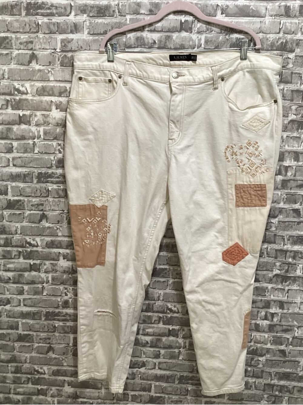 Lauren Ralph Lauren Cream Wash Ankle Jeans with Tan Beaded Patchwork Size 22W